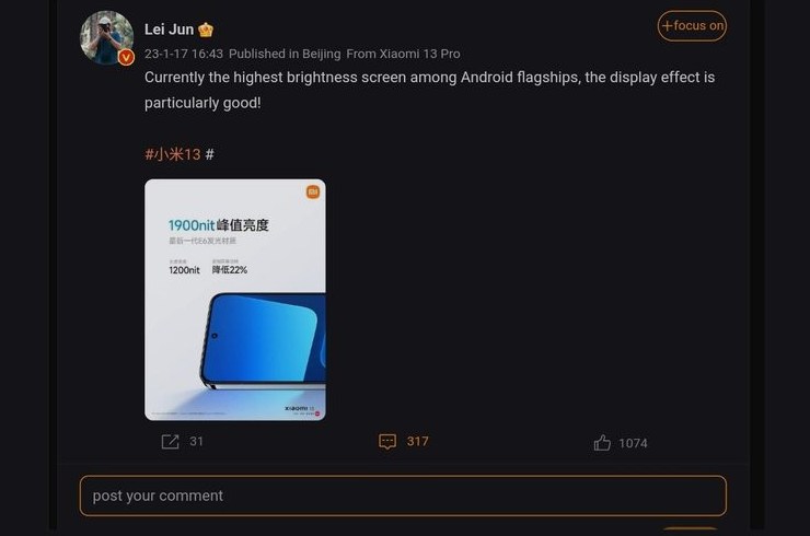 xiaomi 13 punya kecerahan layar tertinggi